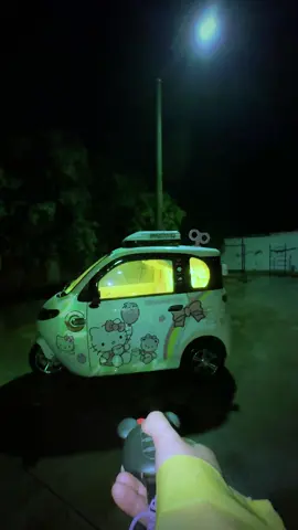 Outside: 👻🧟😱☠️  inside of the car: 🌸 🫧🤭🌹 #tricycle #minicar #electriccar #campinglife #limousine #Outdoors #relax #happy #night #fyp #rain 