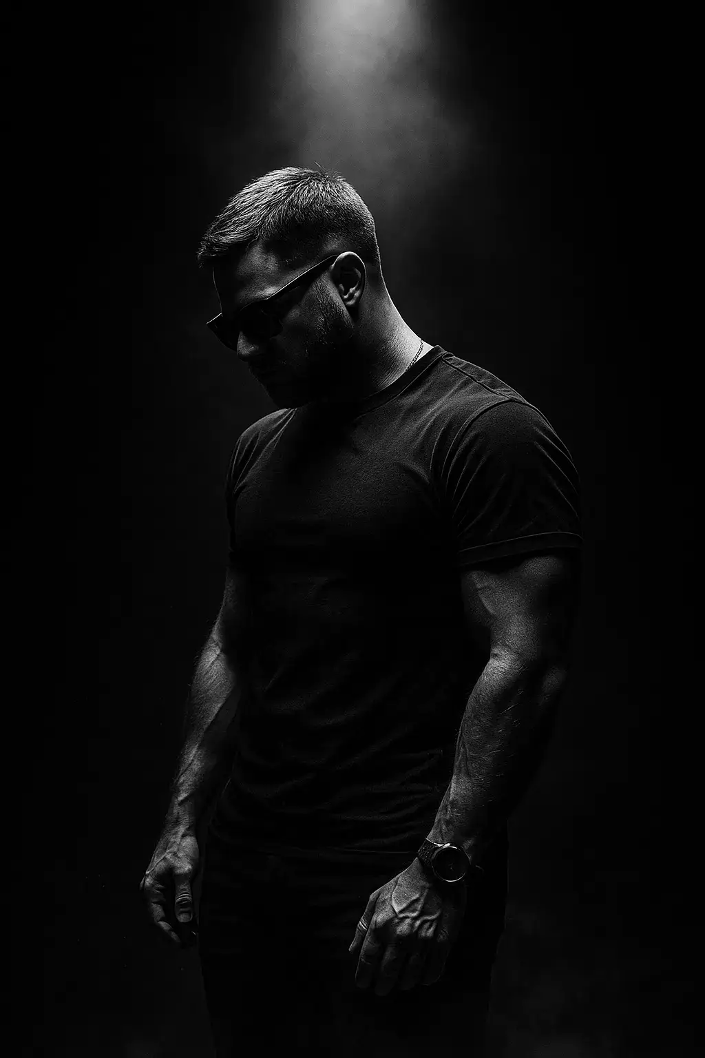 1. Open ChatGPT 📲 2. Upload your photo 📷 3. Paste the prompt 👇 > A high-contrast black and white cinematic portrait of a muscular man standing under a dramatic spotlight in a dark studio. The man is wearing a fitted black t-shirt, looking down with a serious expression. Add sleek, modern black sunglasses with a matte finish and reflective lenses. He is wearing a stylish black leather watch and minimal tactical accessories like a small bracelet. Emphasize his strong, athletic build with well-defined arms, chest, and forearms. Enhance the scene with subtle floating dust particles in the beam of light and a soft fog near the floor to create a mysterious, cinematic atmosphere. The background is minimal and completely dark, with a single soft spotlight shining down from above, highlighting his silhouette with dramatic shadows and lighting contrast #TikTokUkraine #chatgpt #art #photography #chatgptprompts #ai #aiart #photo #tranding #ForYou 