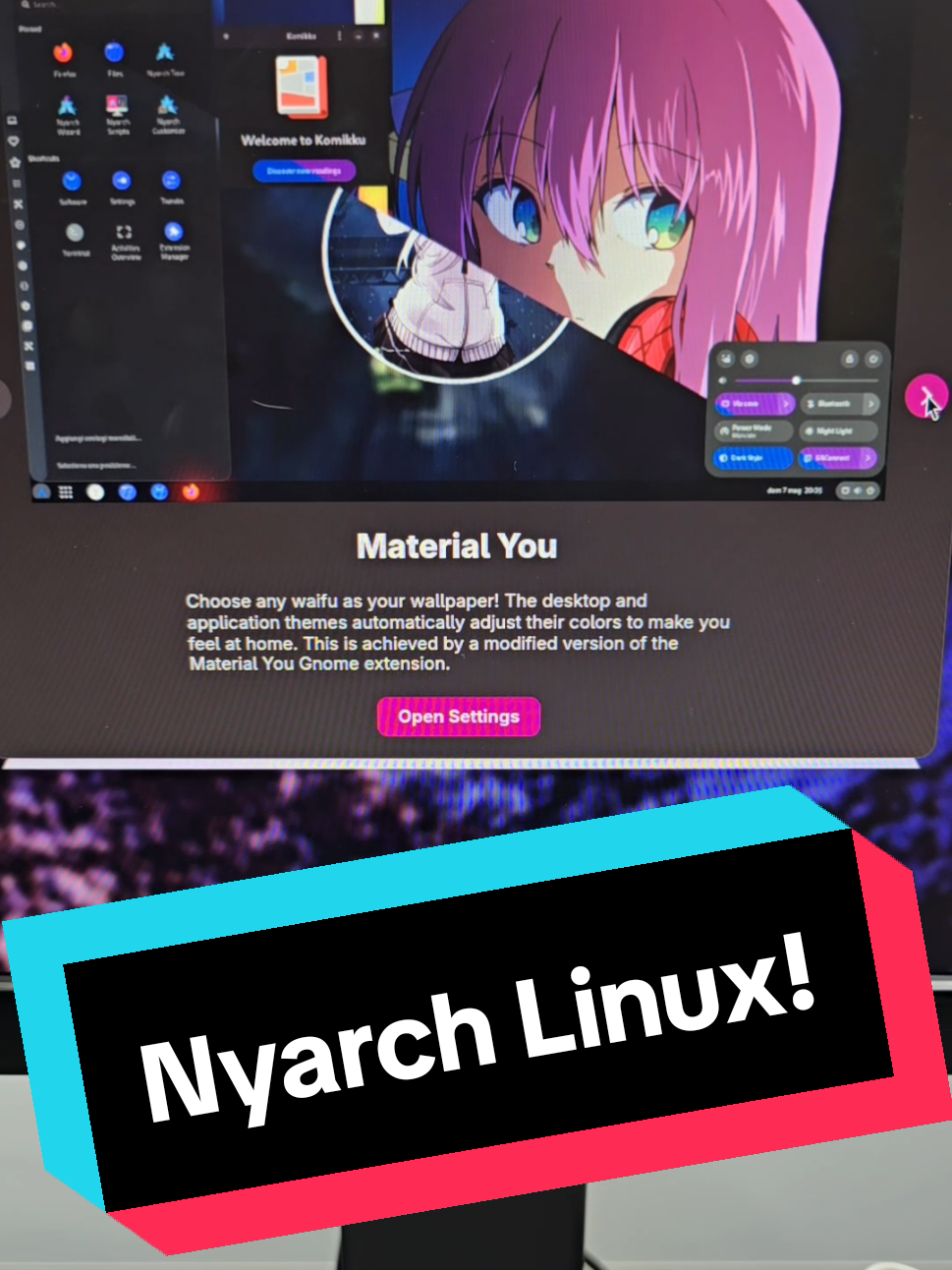Replying to @muffin_tech_he perfect Linux distro doesn't exi.... IT DOES EXIST! Nyarch Linux, for weebs! #techmakesart #computernerd #Linux #Nyarch #anime #manga #waifu #weeb 