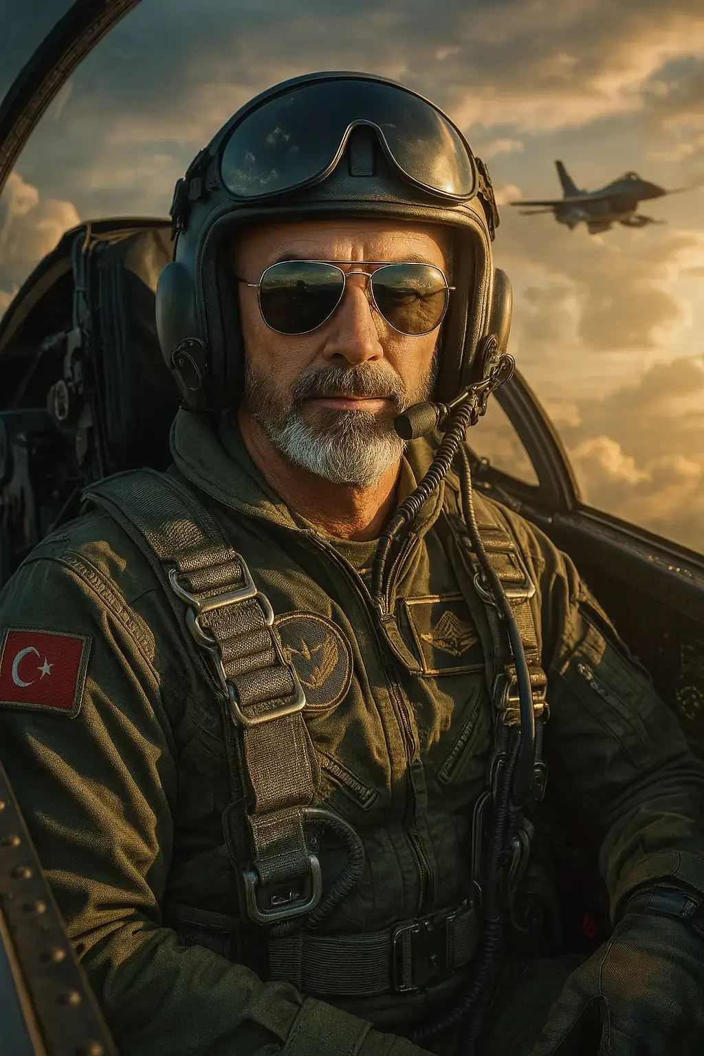 #chatgpt #aichatgpt4 #aichatgpt #ai #prompt #prompts #yapayzeka #photography #sora #gemini #capcut #flow  Create a hyper-realistic image based on the attached reference, depicting a confident and heroic fighter pilot sitting in the cockpit of a modern military jet (F-16 or F-18). The pilot is wearing a tactical flight suit featuring detailed textures, straps, oxygen hoses, and various emblems, including the Turkish flag on the sleeve. He is equipped with reflective aviator goggles and a headset with a microphone. The cockpit is filled with complex control panels, instruments, and gauges. Outside the transparent canopy, the sky is dramatic with golden hour lighting and scattered clouds. In the background, another jet can be seen soaring at high altitude. The camera angle is frontal and close-up, emphasizing the depth of the cockpit and the realism in the pilot’s expression. Include light reflections on the canopy glass, realistic shadows, sharp detail on the flight suit, and slight lens distortion for added cinematic intensity. The scene should be ultra-detailed, cinematic, in 8K resolution, with reduced depth of field, dramatic lighting, photorealistic style, and highly textured materials. The visual style should be inspired by the film Top Gun.