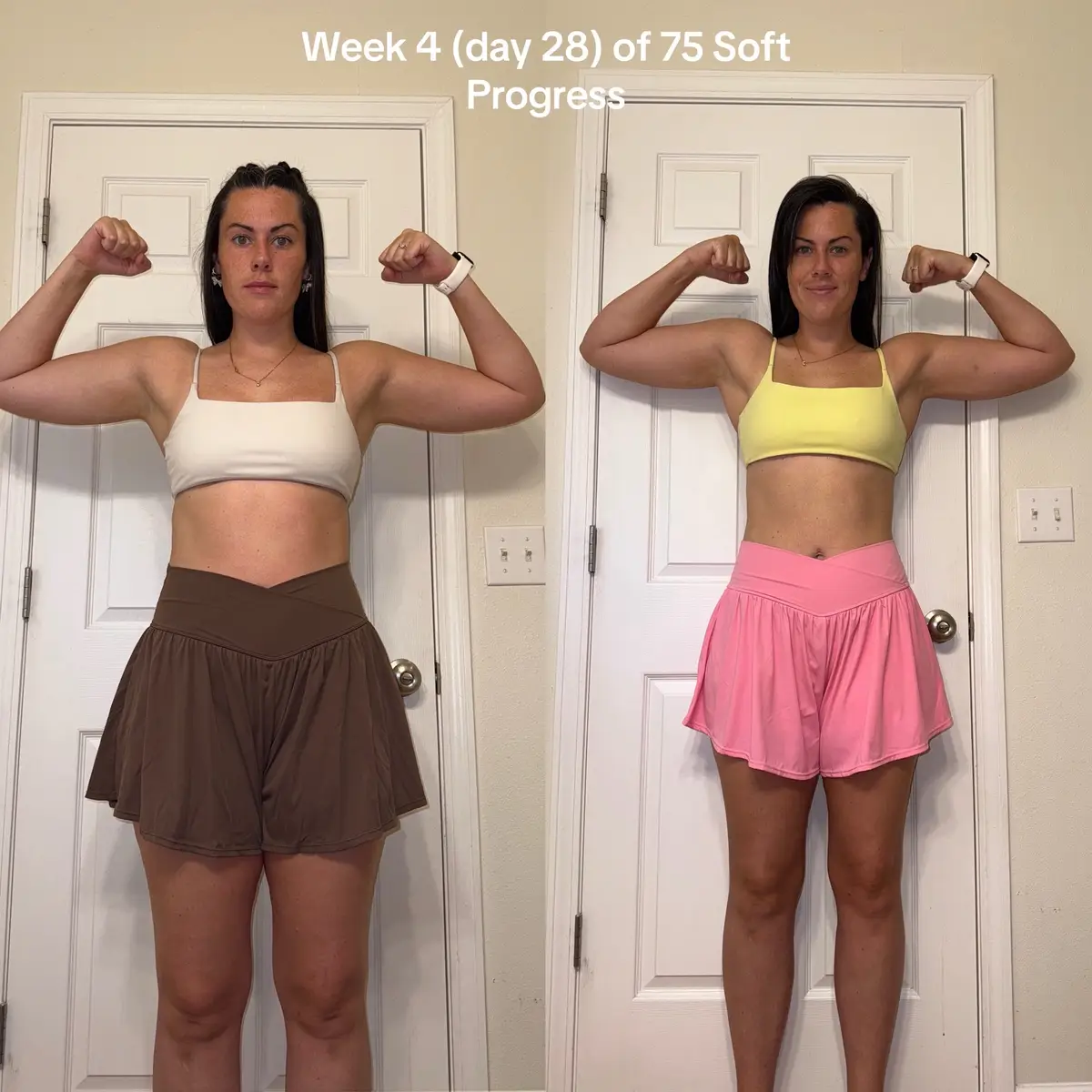 Someone so lovingly pointed out on IG that because I’m closer on the day 1 pictures, they don’t see a difference 🤣🫶🏻 and that’s okay, because regardless of the different angles, I’m -10lbs and down 3 inches overall. 10/10 recommend to anyone that’s been wanting to do 75 Hard but hesitant!! I’m personally doing 1 walk & 1 workout (totaling 90 minutes), 10k steps, reading 5 chapters in my Bible daily, 85+ ounces of water, and eating animal based-ish 🤣 I still drink my sweet treat coffees lol 1 active recovery day (I still do at least a 2.5 mile walk) and one cheat meal per week 🫶🏻 ask me any questions you may have!! #75soft #day28 #week4 #mama #toddlermom #progress #1month #progresspic #75hard #weightloss #Fitness #fitnessjourney 