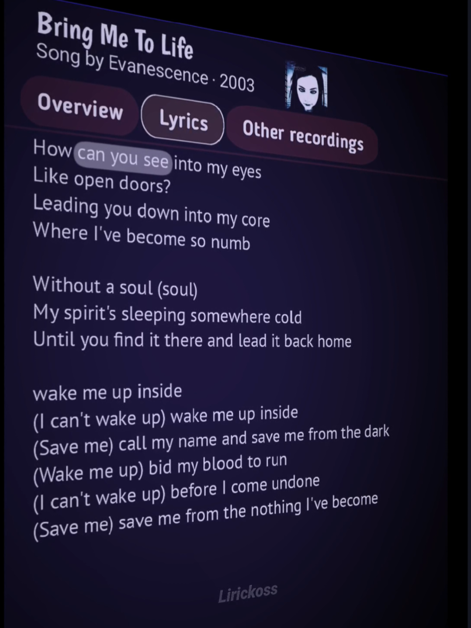 Bring me to life 🥀🎶 // song  by Evanescence #lyrics #lyricsvideo #lyricsmusic #music #song #bringmetolife #evanescence #fypforyoupage #fypforyou #lirickoss 