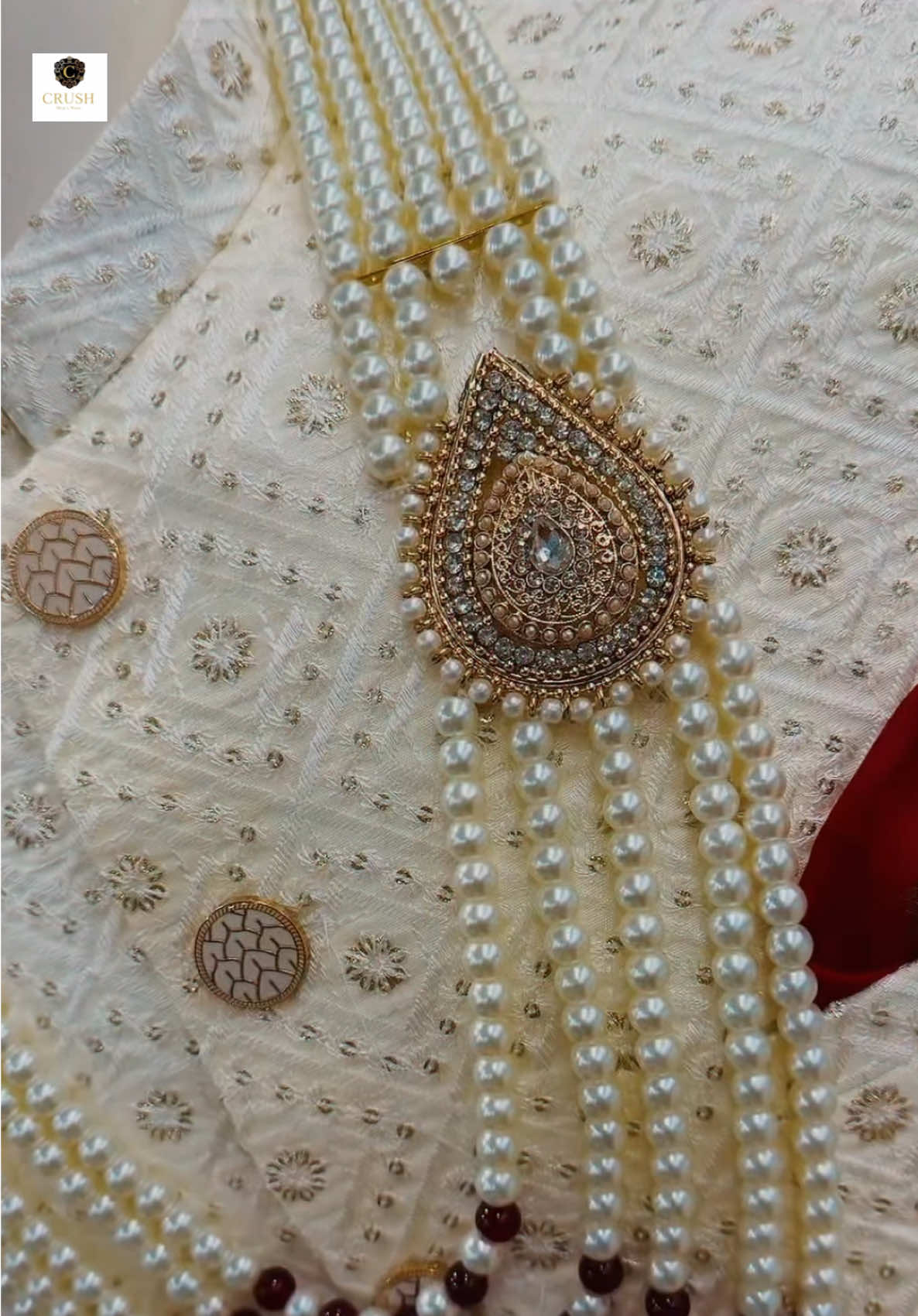 The Off-White Resham Persian Sherwani is a sophisticated and timeless choice for the modern groom. Featuring intricate resham embroidery and delicate gold sequins, this sherwani strikes the perfect balance between opulence and subtlety. Its lightweight fabric ensures comfort, making it an ideal option for the groom who seeks a refined look without the heaviness of heavy embellishments. The additional gold sequins add a touch of festive elegance, elevating the overall design. Shop exclusively now at  www.crushmenswear.com  #foryou #menswear #viral #unfrezzmyaccount #brand #fyp #groom 