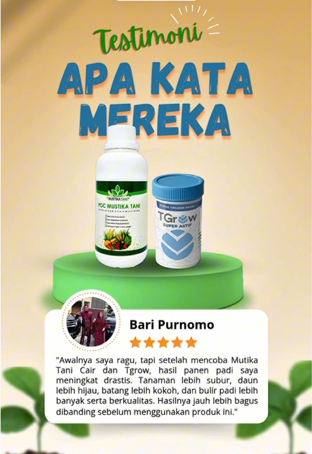 Awalnya saya ragu... Tapi setelah pakai Mutika Tani Cair dan Tgrow, panen padi saya meningkat drastis! ✅ Daun lebih hijau ✅ Malai lebih panjang ✅ Bulir padat & berkualitas 🌾 Sekarang saya lebih percaya diri menyambut musim panen! #PetaniModern #MutikaTaniCair #Tgrow #PupukOrganik #PanenBerkah #bergemanusantara #ptberniagagemilangnusantara