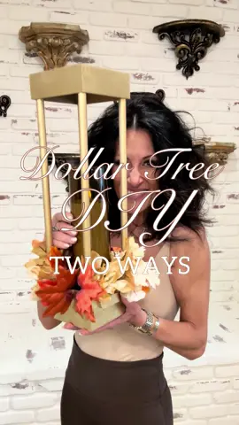 🍂 Fall Dollar Tree DIY TWO WAYS These lanterns came out so pretty! And I love how you can change them for each season or holiday by spray painting a new color and changing the floral!  Items needed from DT: -2 large lidless square wooden boxes  -1 small lidless square wooden box -2 packages of wooden dowels -2 floral Styrofoam rounds  - fall floral stems  -1 LED pillar candle Directions:  Hot glue the four wooden dowels inside the corners of one large wooden box. Hot glue the remaining larger box to the wooden dowels. Hot glue the smaller wooden box to the top. Spray paint your color of choice; I used a gold metallic. Once dry, hot glue the Styrofoam rounds to the inside of the two large boxes. If you only want your florals to be on the bottom of the lantern, only glue one Styrofoam round. Cut floral stems to size and pop them into the styrofoam to secure. Add an LED pillar candle, and enjoy! #bethanyscasa #dollartree #dollartreediy #dollartreefalldecor #halloweendecorating  #dollartreedecor #falldollartreediy #falldecordiy #falldecor #autumndiydecor