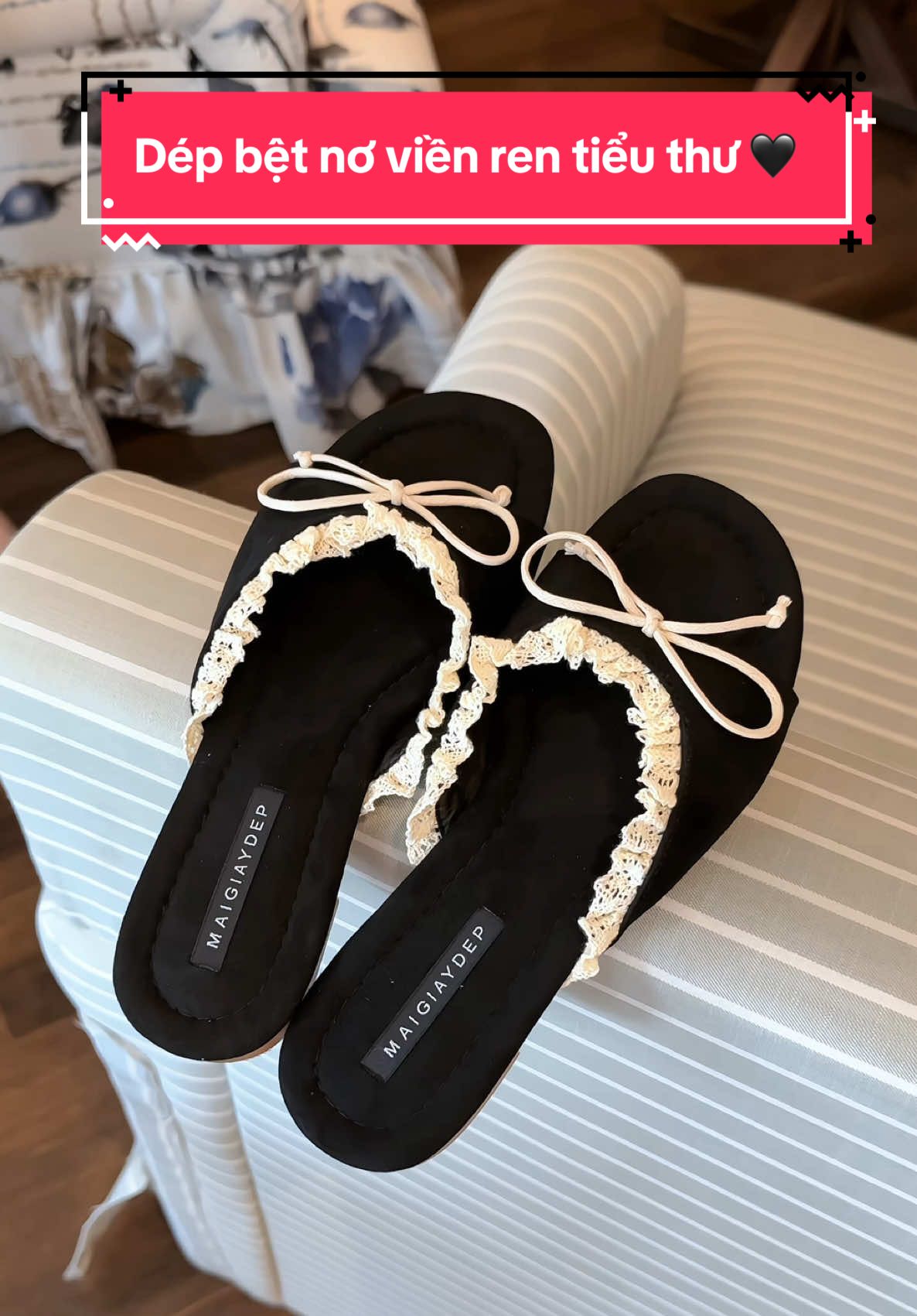 Dép đế bệt nơ viền ren tiểu thư 🖤#muataitiktokshop #review #giaydepxinh #depnu #depquaingang 