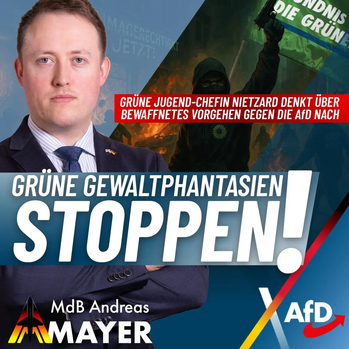 ⚠️ Es wird immer irrer: Nun spekuliert die Chefin der Grünen Jugend, Jette Nietzard, offen über einen „Widerstand mit Waffen“ gegen die AfD. ❗️ „Wie müsste unser Widerstand gegen eine regierende AfD aussehen? Wäre der nur intellektuell? Oder müssten wir auch zu den Waffen greifen?“, so Nietzard in einem Interview. 🤔 Zur Erinnerung: Die Grünen, dessen Jugendorganisation Nietzard anführt, regieren in mehreren Ländern mit der CDU und werden wie selbstverständlich zur „demokratischen Mitte“ gezählt. Nietzard ist schon mit Hass auf Polizisten („All Cops Are Bastards“) aufgefallen, aber hat dafür nicht einmal eine Ordnungsmaßnahmen von der Grünen-Führung bekommen. 🔷 Die seit Jahren betriebene Hetzjagd gegen die AfD radikalisiert die selbsternannte „demokratische Mitte“ immer mehr und treibt sie damit weg von jener liberalen Demokratie, die sie angeblich verteidigen wollen. Während das AfD-Verbot mittlerweile zur Identität der SPD gehört, werden bei den Grünen nun schon Gedankenspiele zu einem bewaffneten Kampf gegen die AfD veranstaltet. 🚩 Nicht nur das zeigt, dass die wahren Extremisten in den Reihen der Grünen, LINKEN und der SPD zu finden sind – nicht bei der AfD. So äußerte sich Nietzard schon Ende 2024 abwertend über Männer: „Männer die ihre Hand beim Böllern verlieren, können zumindest keine Frauen mehr schlagen.“ Privatiers sollen laut Nietzard zur gemeinnützigen Arbeit verpflichtet werden und zum Thema Abschiebungen sagte sie, dass „Kinder [...] nicht mehr von afghanischen Attentätern ermordet [würden] als von deutschen Vätern.“ Die SPD will nicht nur jedem vierten Deutschen (nach aktuellen Umfragen) ihre demokratische Wahl verbieten, sondern will zwei Richter an das Bundesverfassungsgericht bringen, die offen linksradikale Ansichten vertreten – sei es legale Abtreibungen bis zur Geburt, Enteignungen oder die Durchsetzung radikaler Klimapolitik über die Gerichte. ▶️ Getroffene Hunde bellen: Mit einer regierenden AfD wären die linksextremen Träume einer Jette Nietzard endgültig Geschichte. Wie sehr dieses linksgrüne Milieu einer wahnhaften Ideologie anhängt, zeigt die Bereitschaft Nietzards offen über den Einsatz von Gewalt zur Durchsetzung ihrer politischen Ziele zu sprechen. Wer sind in diesem Land also die Extremisten? Es sind die linksgrünen Sozialisten. Wir müssen die grünen Gewaltphantasien stoppen und Nietzard muß sofort zurücktreten.