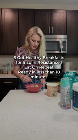 Gut Healthy Breakfasts for Insulin Resistance that is Ready In Less Than 10 Minutes ⭐ These breakfasts star gut-healthy ingredients while taking just 10 minutes or less to prepare, so you can have a practical yet nutritious option for busy mornings. 1. COCONUT HEMP SEED BREAKFAST BOWL (serves 1) 1/2 cup Canned Coconut Milk (full fat) 1 tsp Monk Fruit Sweetener 1/4 tsp Vanilla Extract 1/4 cup Hemp Seeds 1 1/2 tbsps Ground Flax Seed 1 tsp Unsweetened Shredded Coconut 1/4 cup Raspberries Calories 516, Fat 45g, Carbs 18g, Fiber 6, Protein 17g 2. KIMCHI AND KALE SCRAMBLED EGGS (serves 1) 3/4 tsp Extra Virgin Olive Oil 3 Egg (whisked) 1 cup Kale Leaves (tough stems removed, finely chopped, packed) 2 tbsp Water 1/2 cup Kimchi (drained) Calories: 263, Fat 18g, Carbs 4g, Fiber 2g, Sugar 2g, Protein 20g 3. GREEN SMOOTHIE (serves 2) (Pair this smoothie with your favorite protein) 2 1/2 cups Water (cold) 2 cups Kale Leaves ½ Avocado (peeled and pit removed) 1 green Banana (frozen) 1 tbsp Chia Seeds 2 tbsps Ground Flax Seed 1/4 cup Hemp Seeds 2 tbsps Monk Fruit or Allulose Calories 288, Fat 22g, Carbs 30g, Fiber 9g, Sugar 4g, Protein 11g 4. CHOCOLATE ALMOND BUTTER YOGURT (serves 1) *Pair on the side of your favorite protein 1/2 cup Plain Greek Yogurt 1 tbsp Almond Butter 1 1/2 tbsps Monk Fruit Sweetener 1/2 oz Dark Chocolate (chopped) 1 tbsp Chia Seeds Calories 291, Fat 21g, Carbs 18g, Fiber 8g, Protein 16g 5. GREEK YOGURT, BLUEBERRIES, AND GROUND FLAXSEEDS (serves 1) *Pair on the side of your favorite protein 2 Tbsps Ground Flax Seed 1/2 cup Plain Greek Yogurt 1/3 cup Blueberries Calories 188, Fat 7g, Carbs 17g, Fiber 4g, Protein 14g If you want more recipes like this? Make sure to follow! People always say I give away the best info for free. 💕 #gut #guthealth #healthyrecipes #dietitian