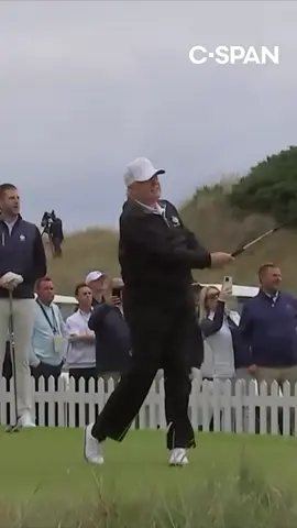 President Trump on Tuesday opened his new golf course in Balmedie, Scotland, cutting a ribbon with a pair of golden scissors before teeing off on the first hole.   The president was joined by his sons Eric and Don Jr.   Watch more by tapping the link in our bio. #golf #trump #Scotland #cspan