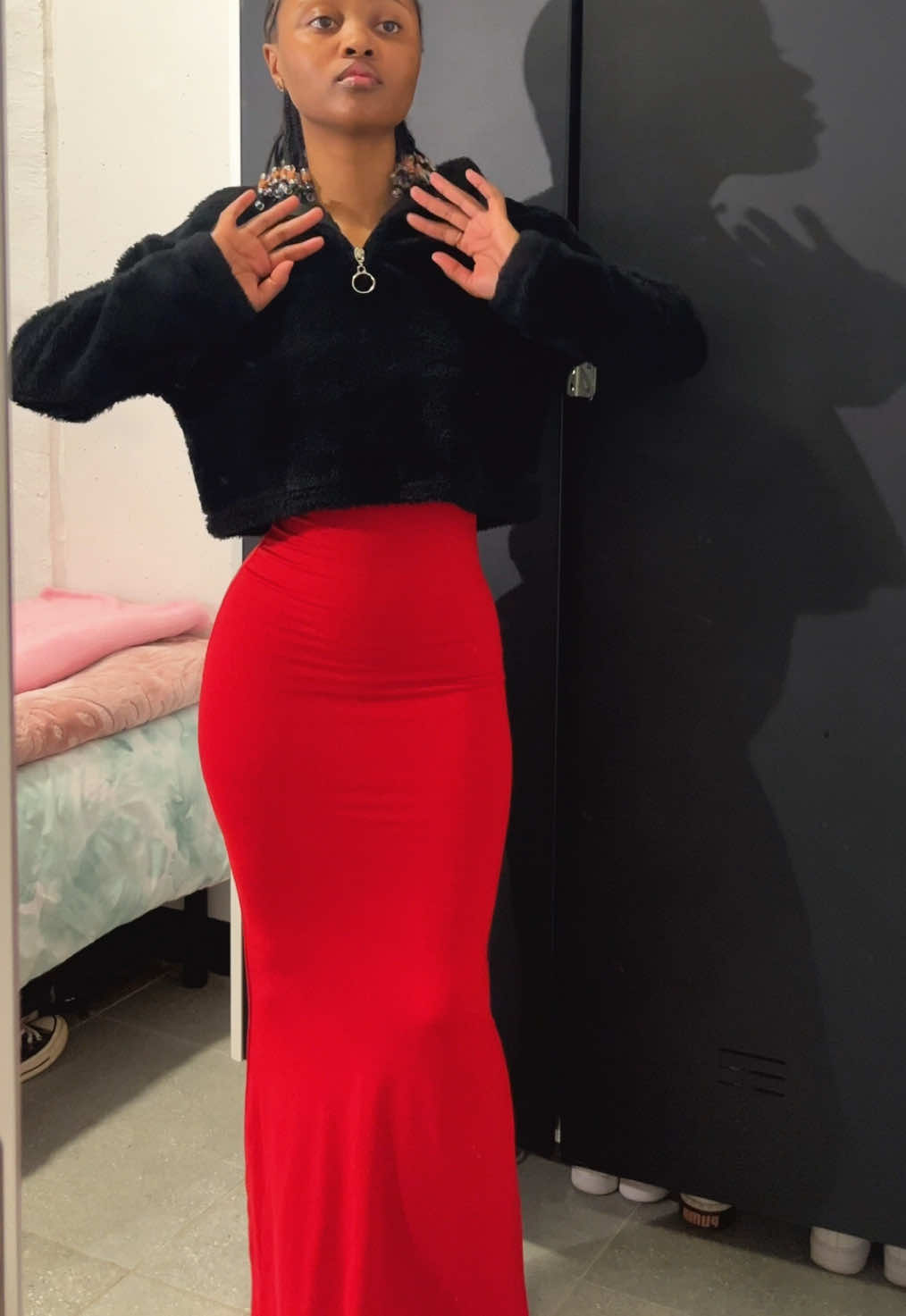 This song has been living rent free in my head😭. My creative juices were flowing so here’s a date outfit for winter🤭✨. #myoutfit #bodycon #bodycondress #reddress #maxidress #myoutfitchallenge #skimsdupedress #mrmedia #fyp #viral #grwm 