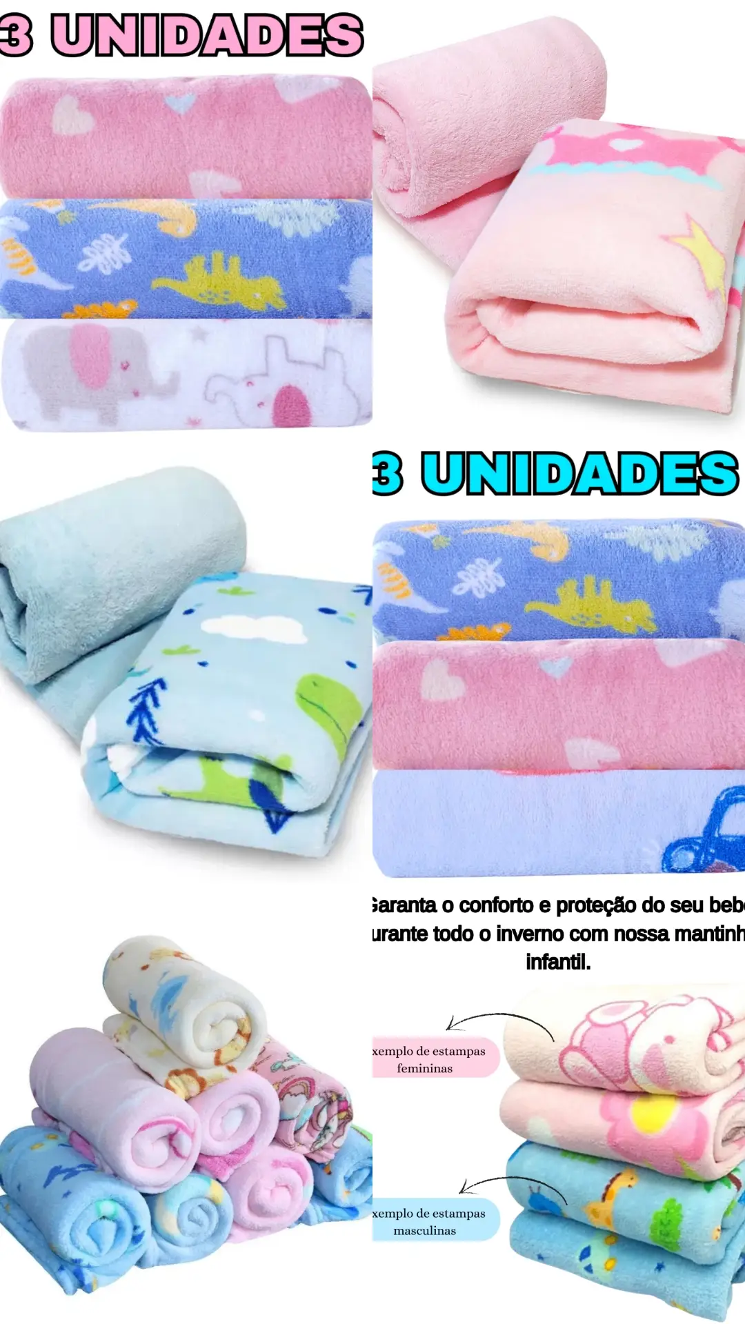 Kit 3 Unidades Manta Soft Microfibra Para Bebê Infantil Inverno Estampada 100cm x 80cm por R$39,99 