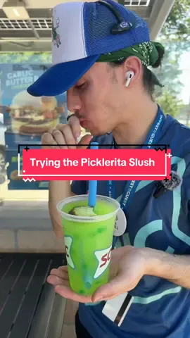 Tried the pickle slush so y’all don’t have to… but would you?? 🥒🧊 #sonicdrivein #viral #fyp #slushy #carhop #creatorsearchinsights 
