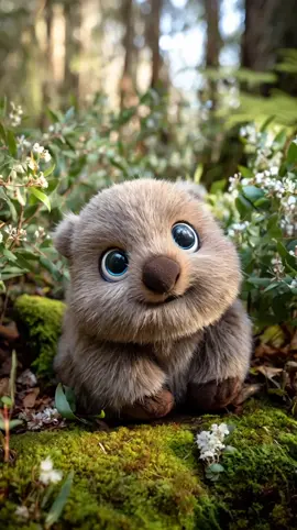 Ein ultra-flauschiger Baby-Wombat mit samtigem, braun-grauem Fell sitzt inmitten von Moos und weißen Blüten am Waldboden. Seine riesigen, glänzenden Beanie-Boo-Augen in strahlendem Blau funkeln neugierig. Er tapst auf allen vieren zu seinem kleinen Bau und findet davor ein Holzherz. Vorsichtig nimmt er es mit seinen Vorderpfoten auf. Dann schaut er verlegen, aber liebevoll in die Kamera und lächelt herzergreifend. #fluffyfriends #cute #cuteanimals #wombat #herzensmoment