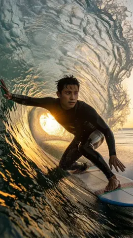 prompt: A cinematic camera is positioned inside a massive, transparent barrel wave during golden hour. From the front, a surfer rides directly toward the camera, cutting through the rushing water as the wave curls overhead. Golden sunlight streams through the wave, creating shimmering reflections and a dramatic atmosphere. The ocean moves fast and splashes realistically around the surfboard. The camera remains steady and aligned with the surfer’s path inside the tube, creating an immersive, high-energy experience. No slow motion. Natural speed. Ultra-realistic visuals with a warm, cinematic tone. #surfing #gemini #fyp #tiktok #ai #capcut #fyppppppppp #viral #viraltiktok #fypppppppppppppppppppppp #videoai #video #viralvideo 