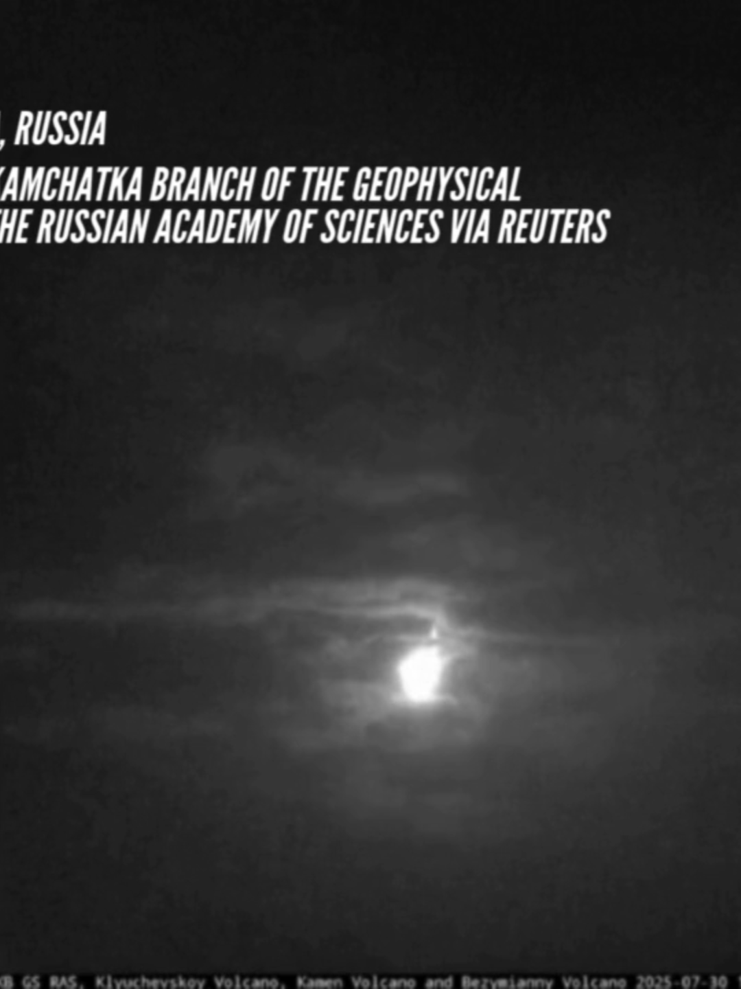 The Klyuchevskoy volcano on Russia's Kamchatka peninsula began erupting after Wednesday's, July 30 powerful earthquake in the Pacific, a geological monitoring service said. The camera installed at the seismic station of the Kamchatka branch of the Federal Research Centre of Geophysical Surveys of the Russian Academy of Sciences captured the start of eruption. In a statement posted on Telegram, the Russian Academy of Sciences' United Geophysical Service said: 