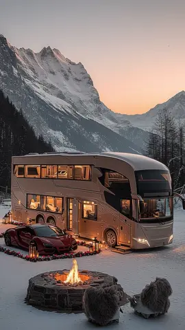 Wrapped in winter’s stillness ❄️, this sleek alpine RV blends modern comfort with breathtaking mountain views — a mobile retreat like no other. 🚐🏔️ #LuxuryRV #SnowyMountains #WinterEscape #ModernLiving #AIGeneratedArt #UltraRealistic #CinematicDesign   