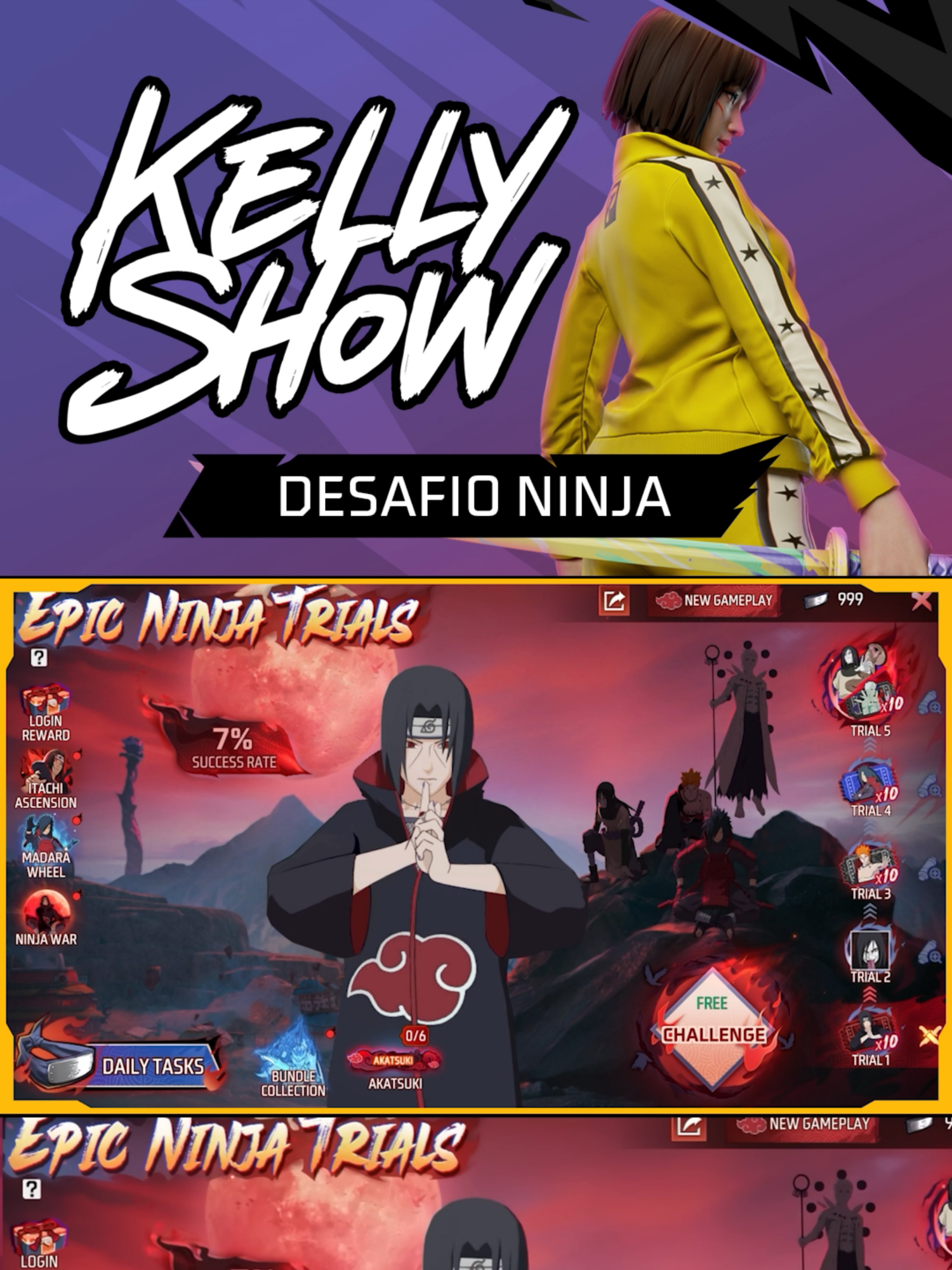 Participe do Desafio Ninja! Enfrente 5 ninjas lendários: Itachi, Orochimaru, Pain, Madara e Obito... cada um usando seu jutsu prórpio! O grande prêmio é o Conjunto Orochimaru e cada ninja que você derrotar vai te dar 10 tickets para você tentar pegar o conjunto dele! E aí, já conseguiu resgatar? #FreeFire #FFxNARUTOSHIPPUDEN #Naruto #NarutoShippuden