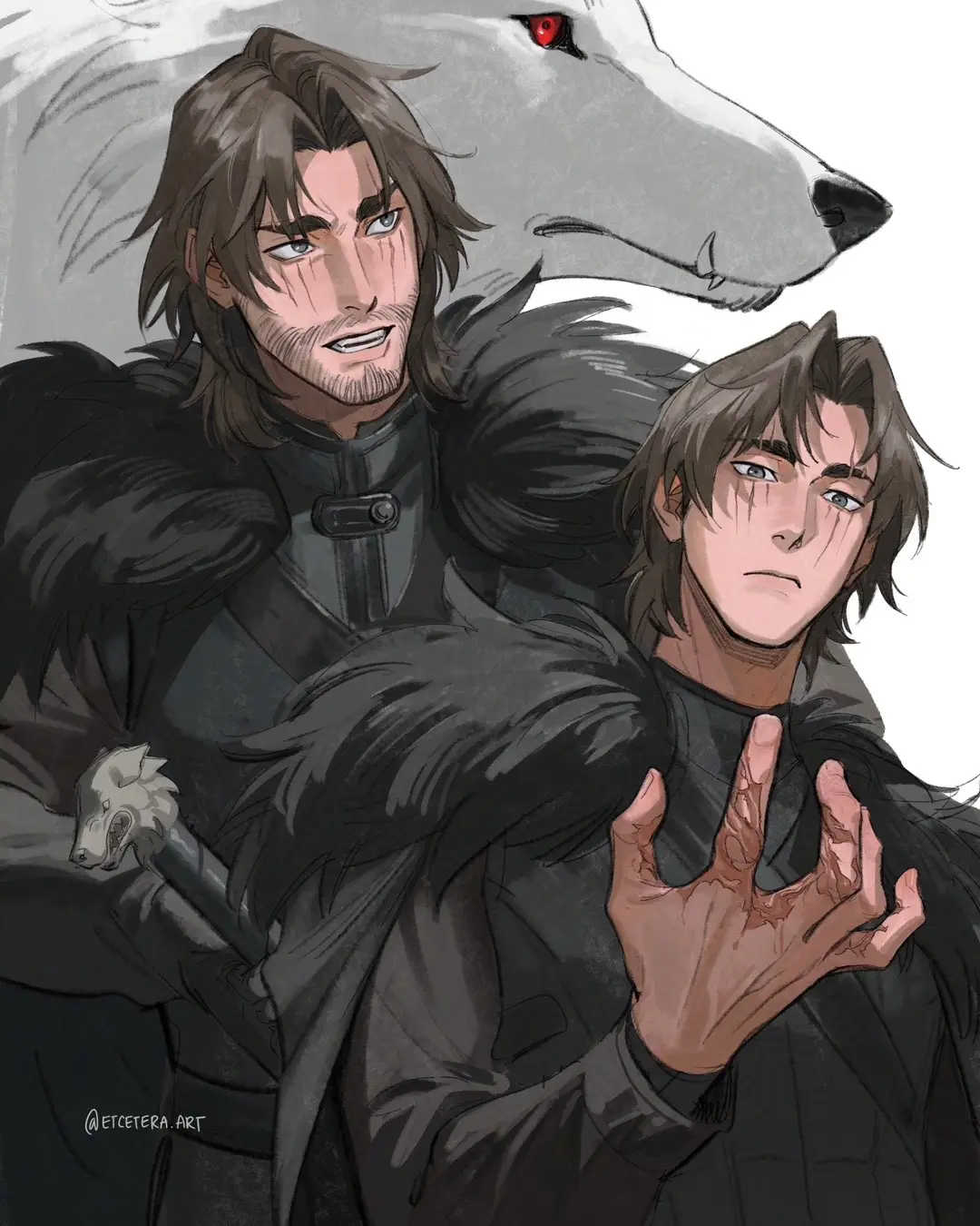 #asoiaf Jon dump. Ft. Big boy Ghost. Also known as Eren Jaeger or Jayvik love child. Choose your fighter. I think he’s supposed to be in his late teens but his beard added 10 years so now we all have to live with that. I refuse to draw one of those wispy puberty beards that look like shed cat hairs. Jon was the first character I started drawing. Him and Robb. ASOS was not kind to me. 🙂