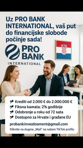🚨Bilo da ste u Hrvatskoj ili u Europi   🚨Trebaš hitno financiranje? Mi smo tu za tebe: ✅ 72 sata obrada 💶 Minimalna kamata: 2 % 📩 Direktan kontakt: probankinvestissment@gmail.com Tvoje rješenje je PRO BANK INTERNATIONAL