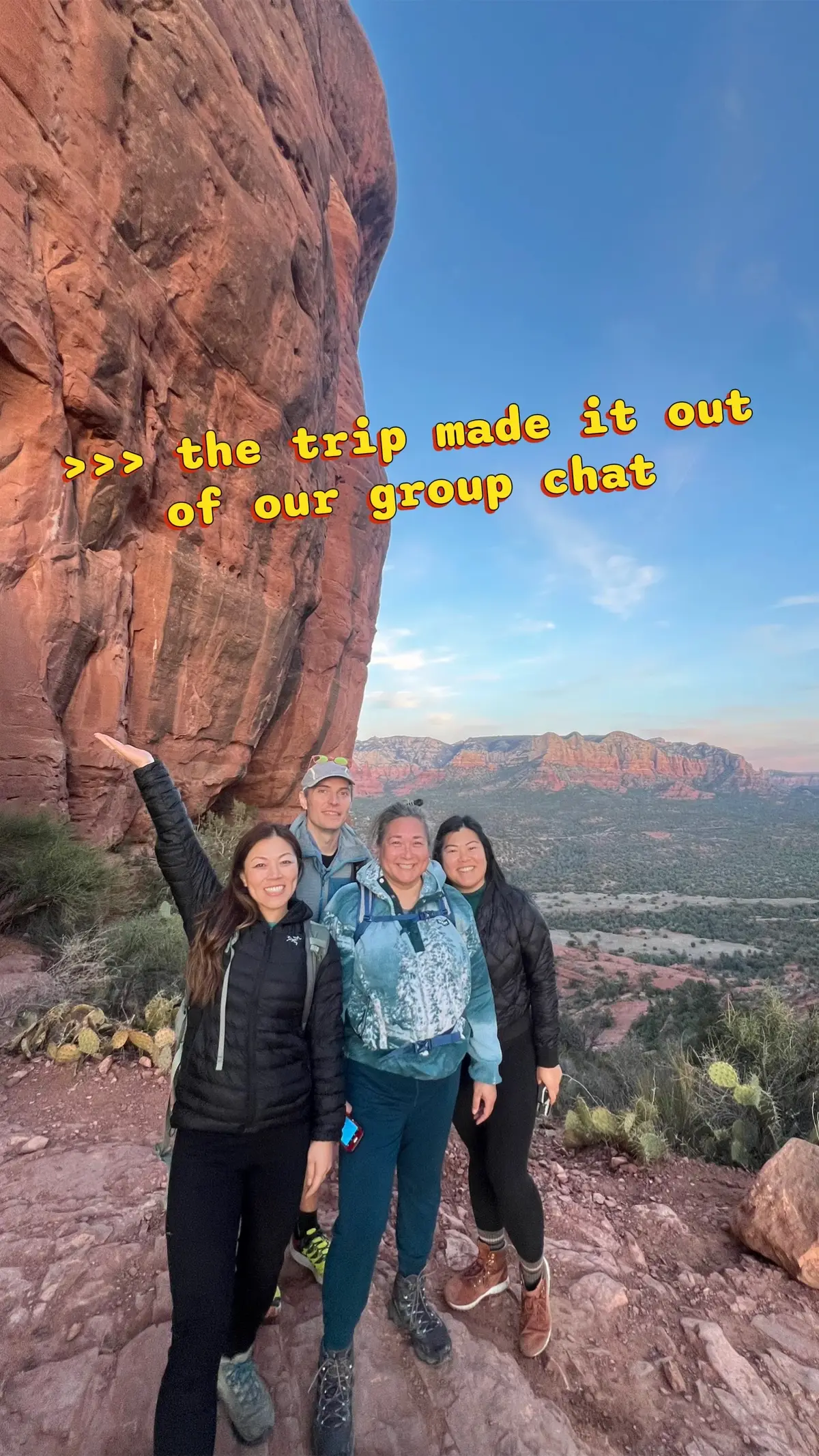 a fun friends trip to Sedona! it’s an outdoors paradise with so many hikes and rocks to climb. late January is a great time to go - clear, sunny and crisp air! #friendstrip #sedona #roadtrip #Hiking #travelinspo #weekendtrip #arizona #travel 