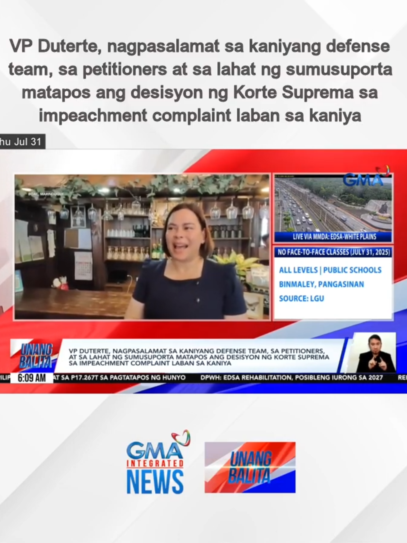 Nagpasalamat si Vice President Sara Duterte sa kaniyang defense team kasunod ng deklarasyon ng Korte Suprema na unconstitutional ang impeachment complaint laban sa kaniya. #gmaintegratednews #breakingnewsph #unangbalita
