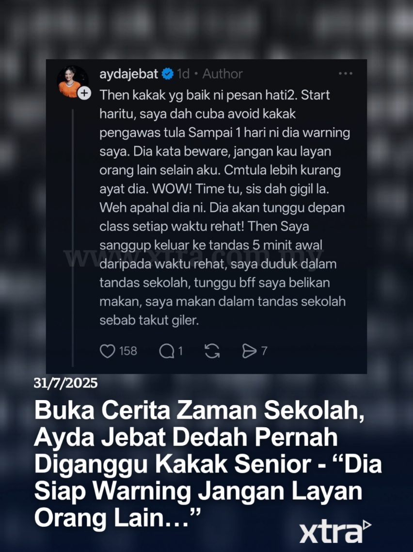 Seram ek bila jadi isu macam ni 👀🤔Tak pasal Ayda pun terpalit dengan kes-kes macam ni 🔥🔥🔥 #fyp #xtra #beritaditiktok #sembangentertaiment #aydajebat #cerita #zamansekolah 📷:aydajebat