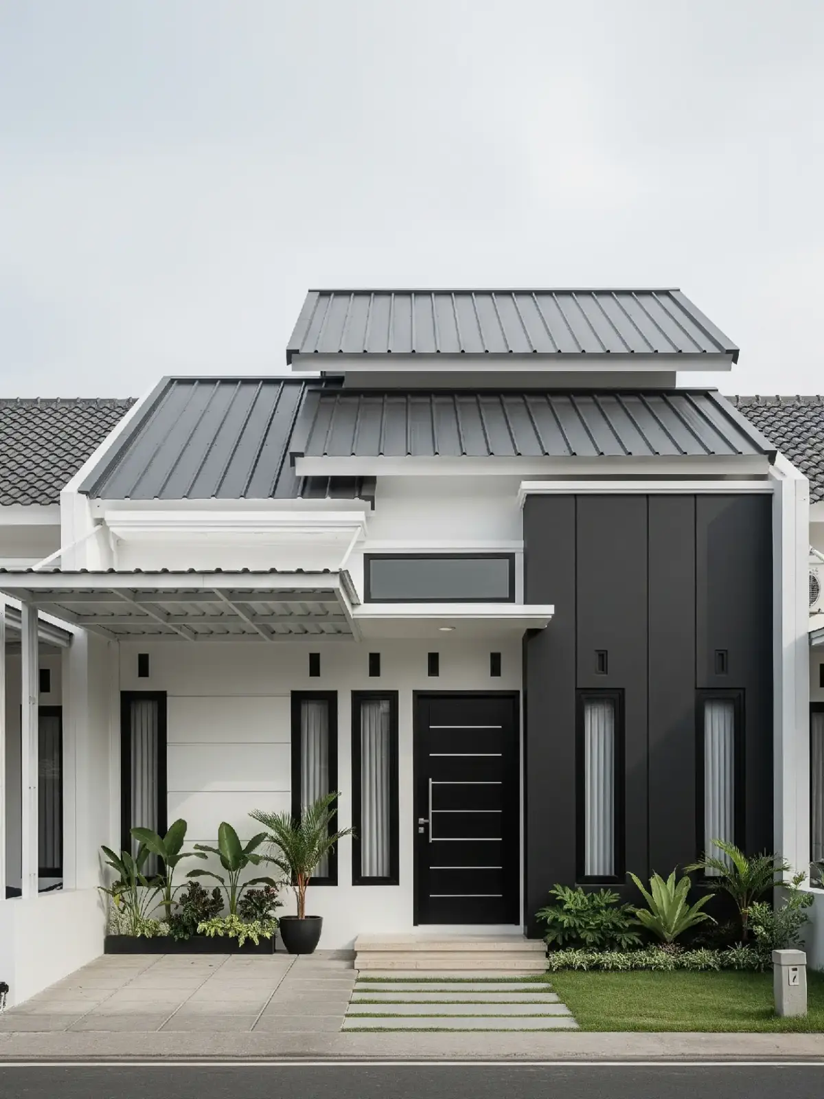 Suka desain rumah yang simpel tapi tetap mewah? Ini dia inspirasinya! Fasad putih hitam yang timeless. #rumahminimalismodern #desainrumah1lantai #rumahkekinian #estetikrumah