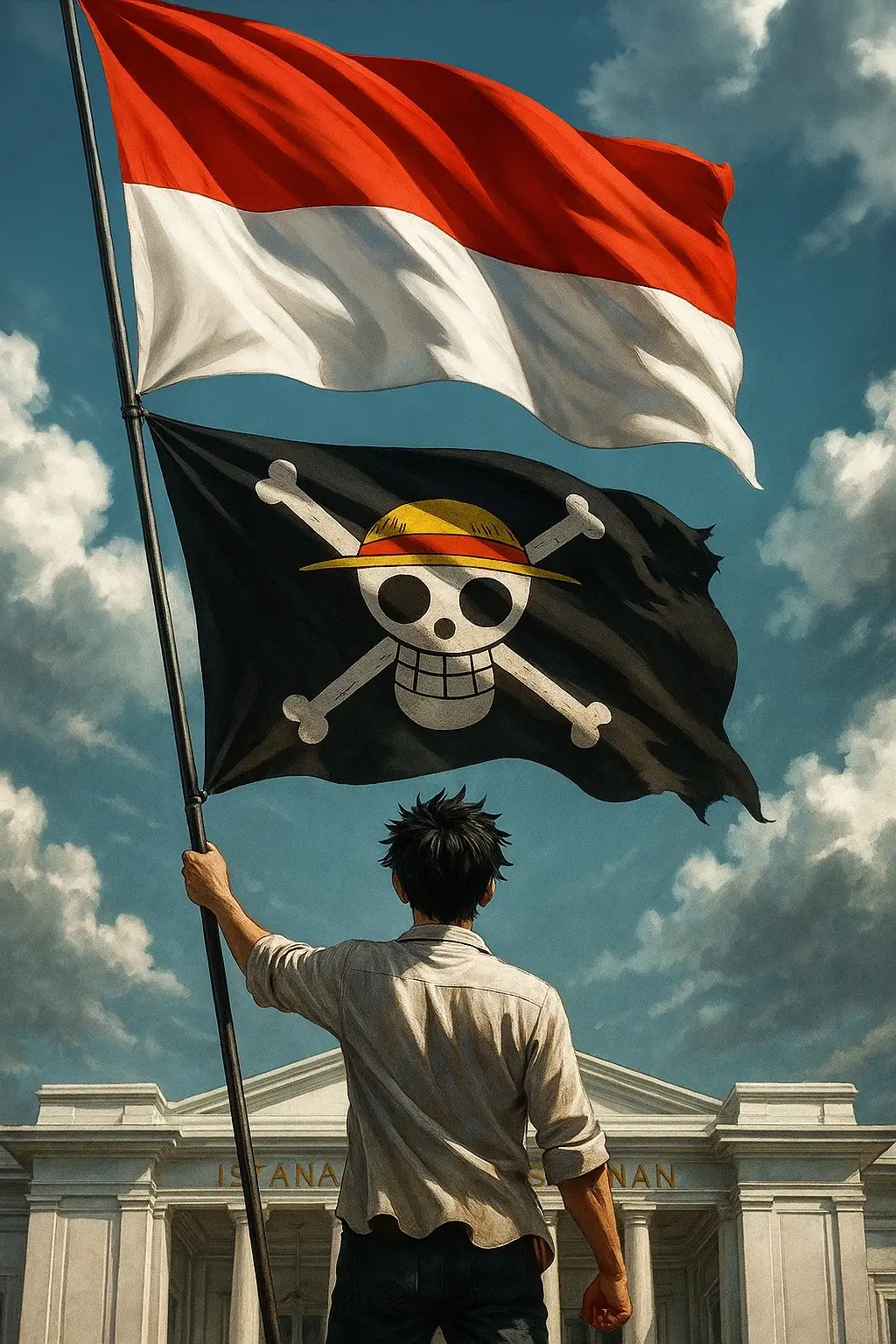 Bendera One Piece merupakan Simbol Perlawanan dan Harapan. Bendera Jolly Roger milik Luffy bukan sekadar lambang bajak laut, tapi dalam konteks anime One Piece, itu adalah simbol: 	•	kebebasan 	•	perjuangan melawan tirani 	•	solidaritas dalam kelompok 	•	dan harapan akan dunia yang adil Orang-orang yang ingin mengibarkan bendera One Piece sedang menyampaikan pesan: 👉 “Kami tidak merasa terwakili oleh simbol negara saat ini, yaitu merah putih.” #aistory #indonesia #indonesia🇮🇩 #merdeka 