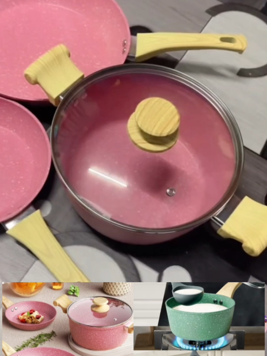 #Innerwell #หินแกรนิต ไม่ติด ชุดกระทะ #ชุดเครื่องครัว #NonStick #กระทะหม้อ เหมาะสําหรับทุกเตา - สีชมพู (8PCS)