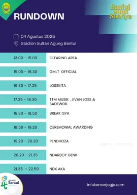 Rundown sudah muncul 🔥  Rapatkan barisan menyambut HUT @Pemkab Bantul @INFO KONSER JOGJA #bantul #bantulbumisatriya #bantul24jam #mblusukjogja #jogja24jam #infokonser #konsergratis #konsergratisjogja #infokonserjogja #stadionsultanagungbantul #eventjogja #eventbantul 