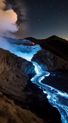 This volcano erupts blue lava — but it’s not what you think! 💙🌋 At Indonesia’s Kawah Ijen, the “lava” glows blue because of burning sulfur gases, not molten rock. Fun fact: The flames can reach up to 5 meters high and are only visible at night. 🔥😮 Hashtags: #BlueLava #KawahIjen #Volcano  #nature  #aigenerated 
