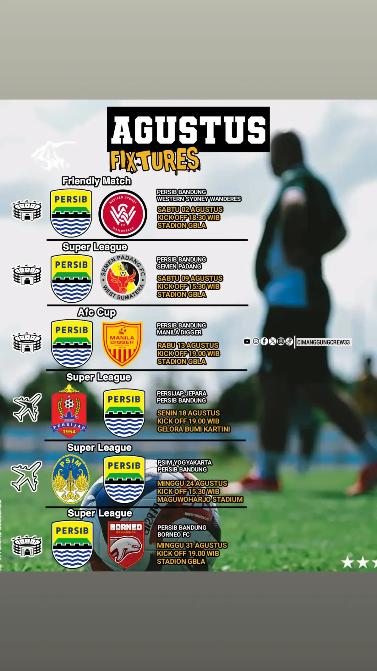Catat ni Bob pertandingan Persib di bulan Agustus. Persib Bandung akan melakoni uji coba melawan Western Sydney FC dalam acara pesta biru atau launching Jersey dan pemain pada hari Sabtu 02 Agustus 2025, saksikan dan langsung datang ke stadion atau anda bisa menyaksikan secara langsung di RCTI #persibbandung #launchingpersib #pertandinganpersib #jadwalpersib