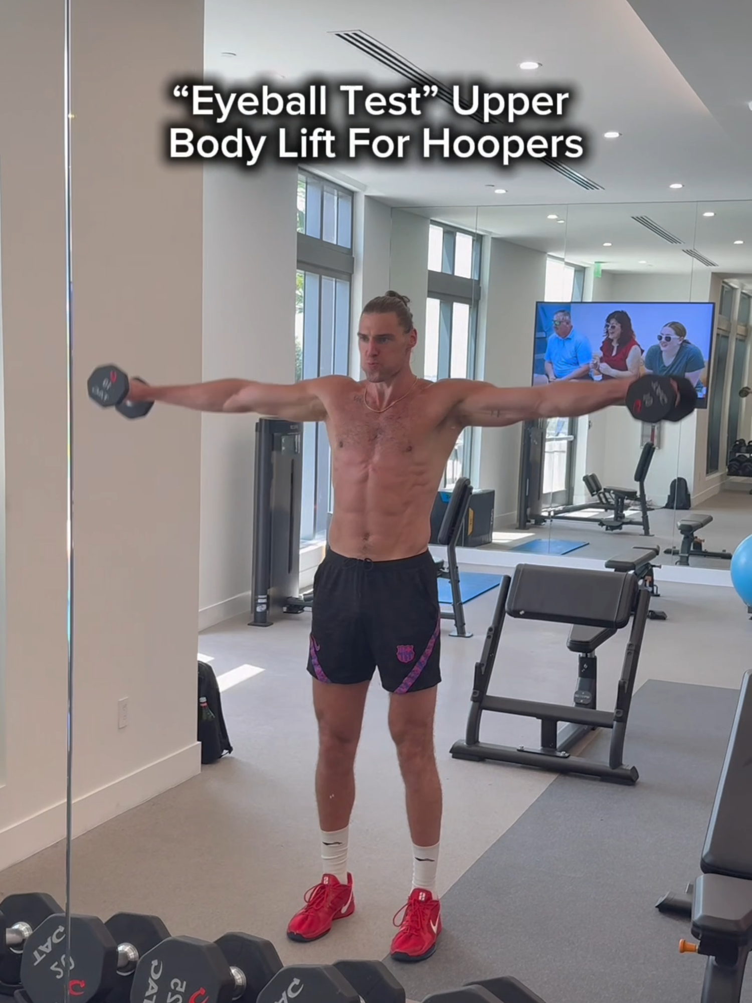 My Upper Body Lift 📝⬇️ For Basketball Players To Pass The “Eyeball Test” Warning: This is OD.  1A - Lat Pull Down 8 Sets 10 Reps 1B - DB Push Press 2A - DB Alternating Bicep Curl 3 Sets 12 Reps 2B - DB Lying Tricep Extension 3 Sets 15 Reps 3A - DB Hammer Curl 3 Sets 12 Reps 3B - Tricep Extension 3 Sets 15 Reps 4A - DB Lying Rear Lateral Raise 4 Sets 25 Reps 4B - DB Lateral Raise 4 Sets 25 Reps Big dawg status… loading 📶 #basketball #training #hooper #workout #eyeballtest #GymTok#fyp