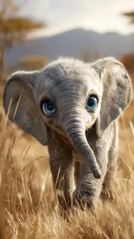 Ein ultra-süßer Baby-Elefant mit samtgrauer, leicht flauschiger Haut stapft durch das goldene Savannengras. Seine riesigen, überproportional großen Beanie-Boo-Augen in strahlendem Blau funkeln voller Neugier und Liebe. Mit seinem kleinen Rüssel holt er von der Seite ein Herz aus Ästen und Gräsern ins Bild, hält es vorsichtig nach vorne und schaut dabei direkt in die Kamera. Er lächelt schüchtern und verliebt – ein Moment voller Wärme mitten in der Wildnis. #fluffyfriends #cute #cuteanimals #elefant #herzensszene