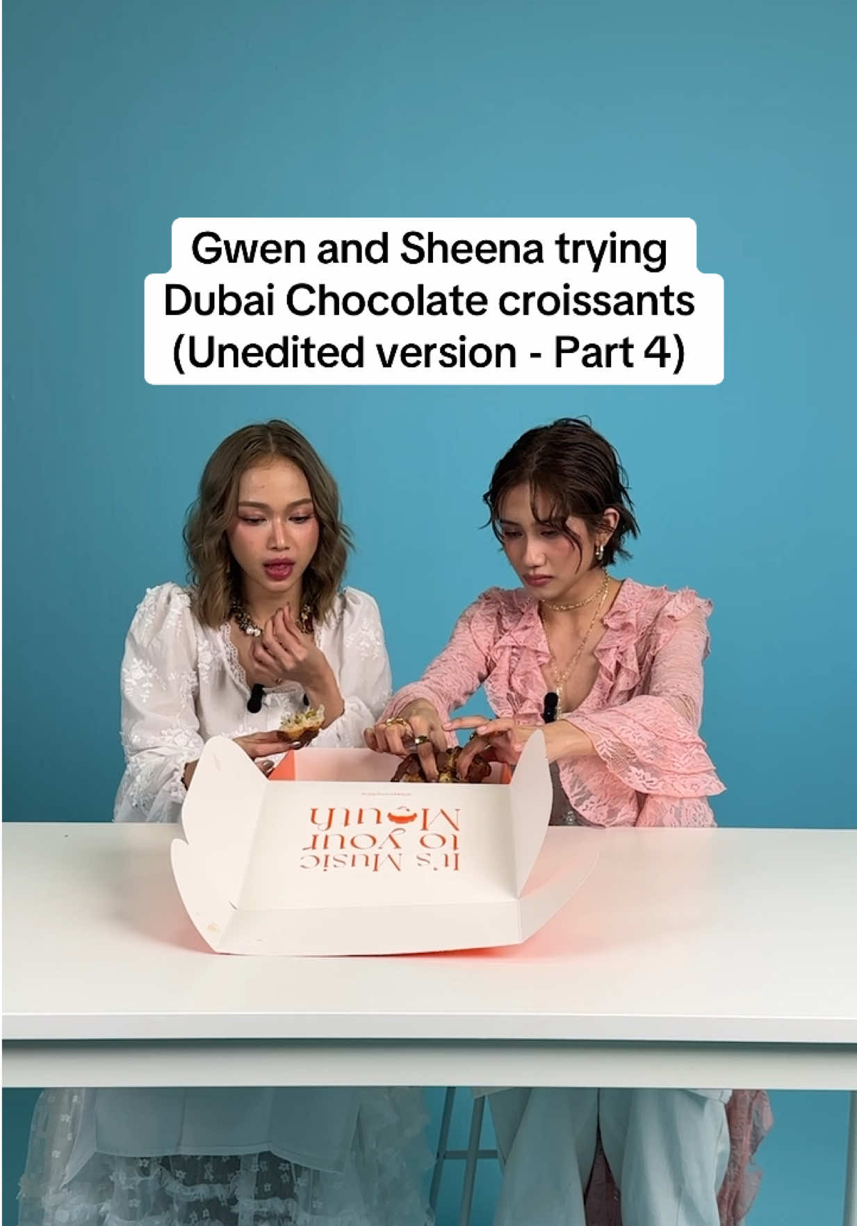 Exclusive behind the scenes video: Gwen and Sheena of BINI try Dubai chocolate.  #bini #gwen #sheena #dubaichocolate