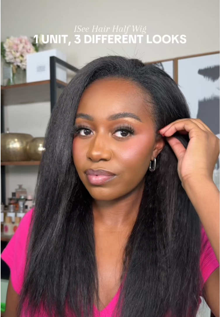 Don’t have to wrap your silk press, you can wake up just put it on now🙂‍↕️👏🏽💕this half wig is a game changer!  Puffy look: Kinky straight half wig  Sleek with texture: yaki straight  #iseehairbeauty #iseehalfwig #halfwigtok #silkpress #gluelesswig 