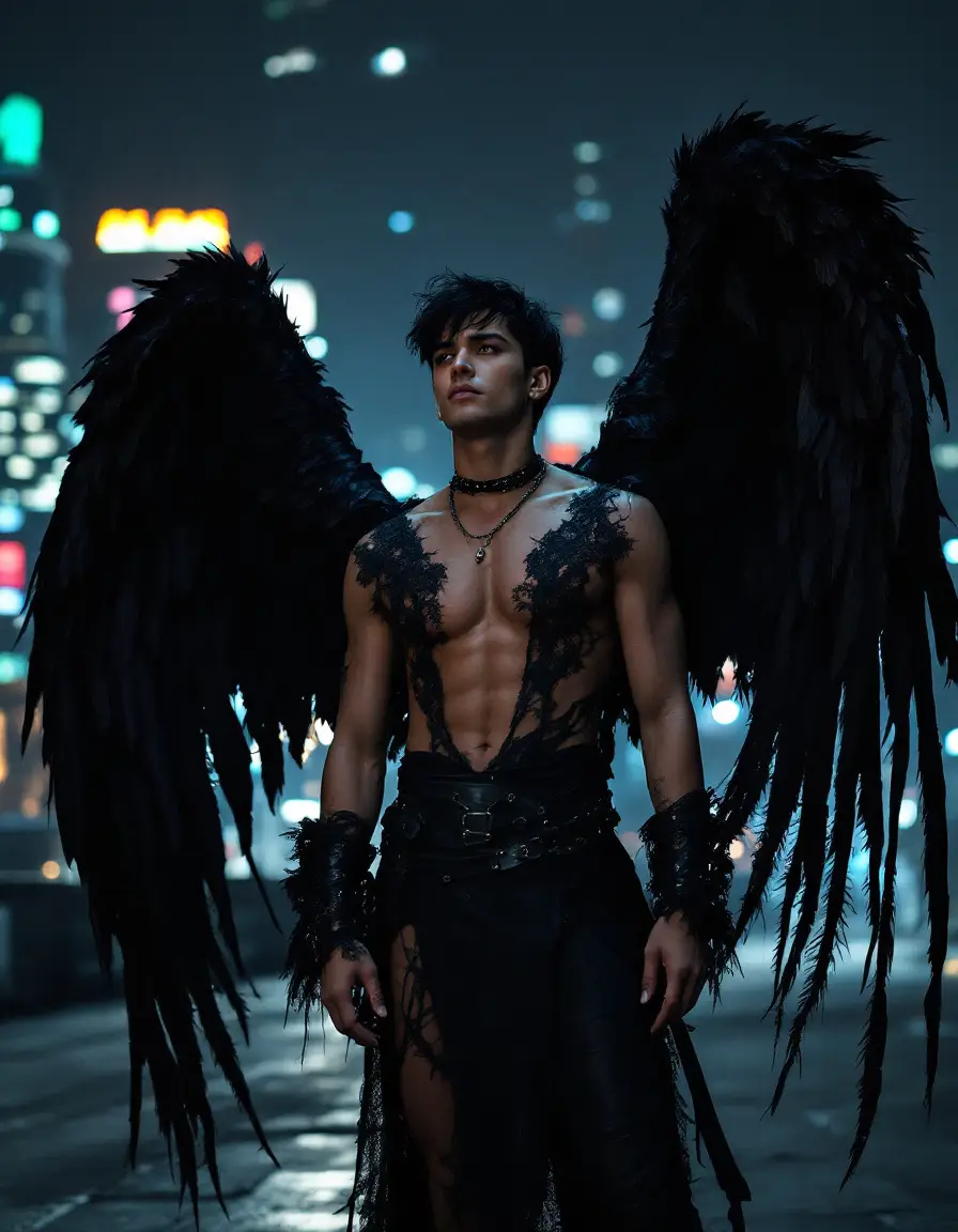 A male figure with large, dramatic black feathered wings stands against a blurred city lights background. He has a muscular physique, dark hair, and is adorned with intricate black lace-like designs on his torso. He wears a choker necklace, arm cuffs, and a flowing dark garment around his waist. The overall aesthetic is dark fantasy and ethereal. #DarkAngel #Fantasy #MaleModel #Wings #Aesthetic #FallenAngel #Ethereal #GothicFashion #CityNights #ArtInspiration