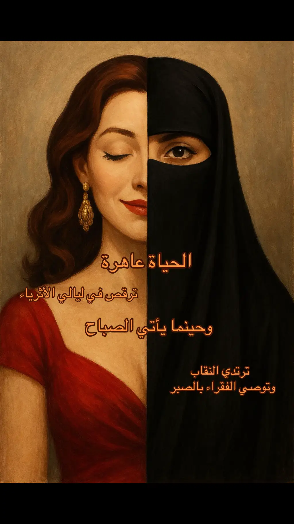 الحياة…  يا لها من ممثلة بارعة على مسرح الوجود. تبدّل أقنعتها كما يبدّل الممثل أدواره  في الليالي المضيئة حيث تُعزف الموسيقى  وتدور الكؤوس بين أصابع الأثرياء  تراها راقصة سكرى  تتلوى على إيقاع المال  تشبه امرأة لا تعرف الحياء  تمنح ابتسامتها لمن يملك ثمنها وحين يطلع الصباح  تتغطى بالسواد ترتدي نقاب الوعظ  وتجلس أمام الفقراء بخشوع مصطنع  تُلقي عليهم خطب الصبر والرضا  وكأنها لم تكن قبل ساعات ترقص في أحضان أولئك الذين صنعوا بؤسهم🤷🏻 وجهٌ أيسر  متزين بأحمر الشفاه وذهب الأذن يغمز للأثرياء بوقاحة العالم المترف. ووجهٌ أيمن  محجّب بالسواد لا يظهر منه إلا عين حذرة توحي بالتقوى  لكنها في العمق تحمل الخديعة ذاتها #fyp #follow #فولو #اكسبلور #pov #هوس #مالي_خلق_احط_هاشتاقات #الشعب_الصيني_ماله_حل😂😂 