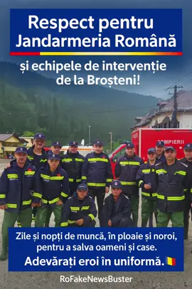 Respect pentru Jandarmeria Română și echipele de intervenție de la Broșteni! Zile și nopți de muncă, în ploaie și noroi, pentru a salva oameni și case. Adevărați eroi în uniformă. 🇷🇴 #JandarmeriaRomana #Brosteni #EroiInUniforma #Respect #Romania #Interventie #Salvatori #RoFakeNewsBuster #Inundatii #Solidaritate