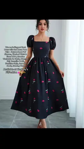 Women's Elegant Black Dress with Red Rose Floral Print - Square Neck Puff Sleeves, Cinched Waist & Flared Skirt, Machine Washable for Spring Summer Fall, Versatile Outfit, Feminine Style, Smooth Fabric, Evening Wear  Size :Medium  Price : 5.5.  #khaludysfitfashion #fashion #tiktoklive #online #Brandnew #preloved #Shien #fyp #highlightseveryone #bahrain🇧🇭 