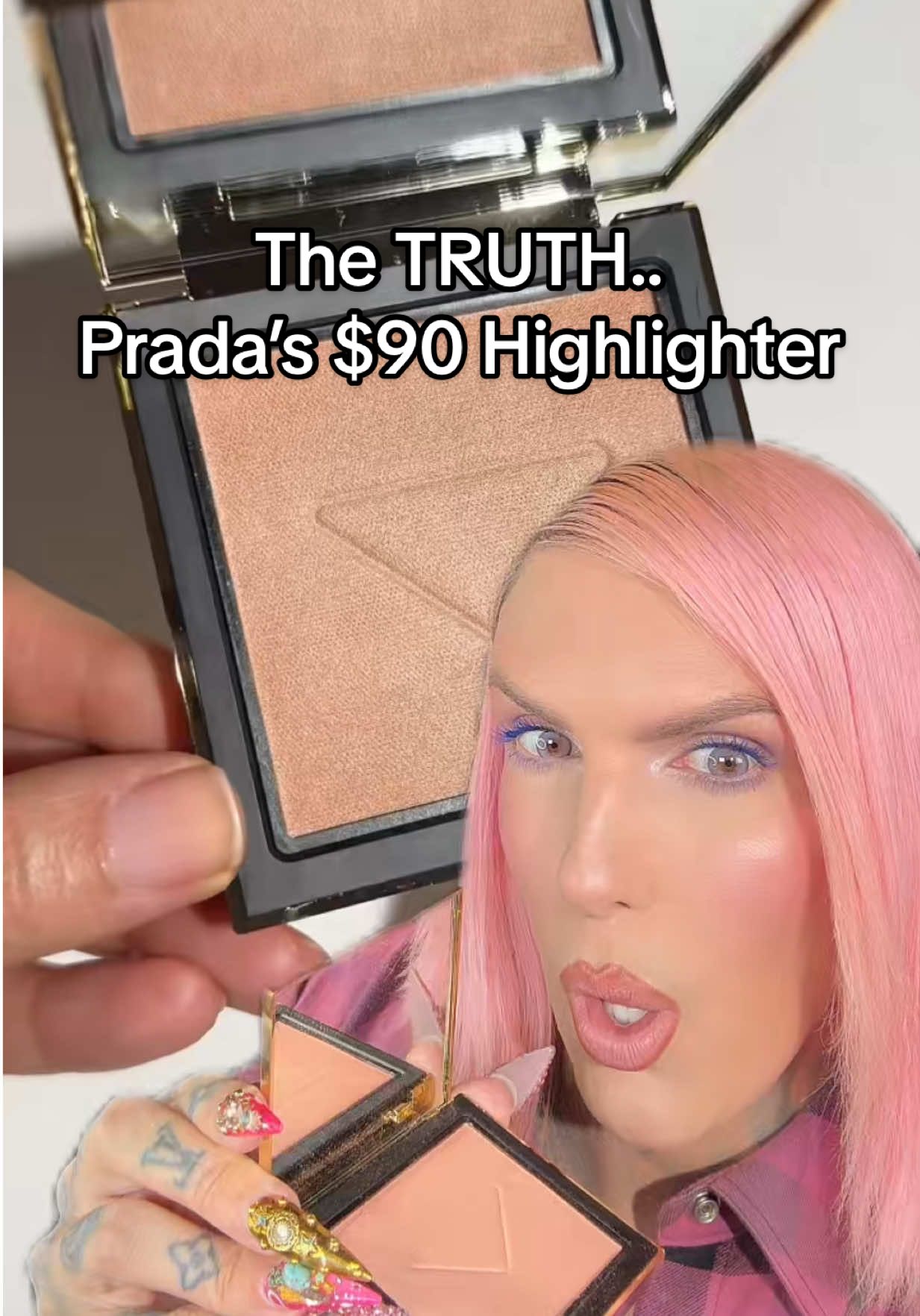 Is the NEW @pradabeauty $90 light glowing highlighter Jeffree Star Approved?! #makeupreview #jeffreestar #prada #BeautyTok  Lip Combo: @Jeffree Star Cosmetics “Leo” lip liner & @Prada“B108 Beige”  Duet w @TheManarAhmed