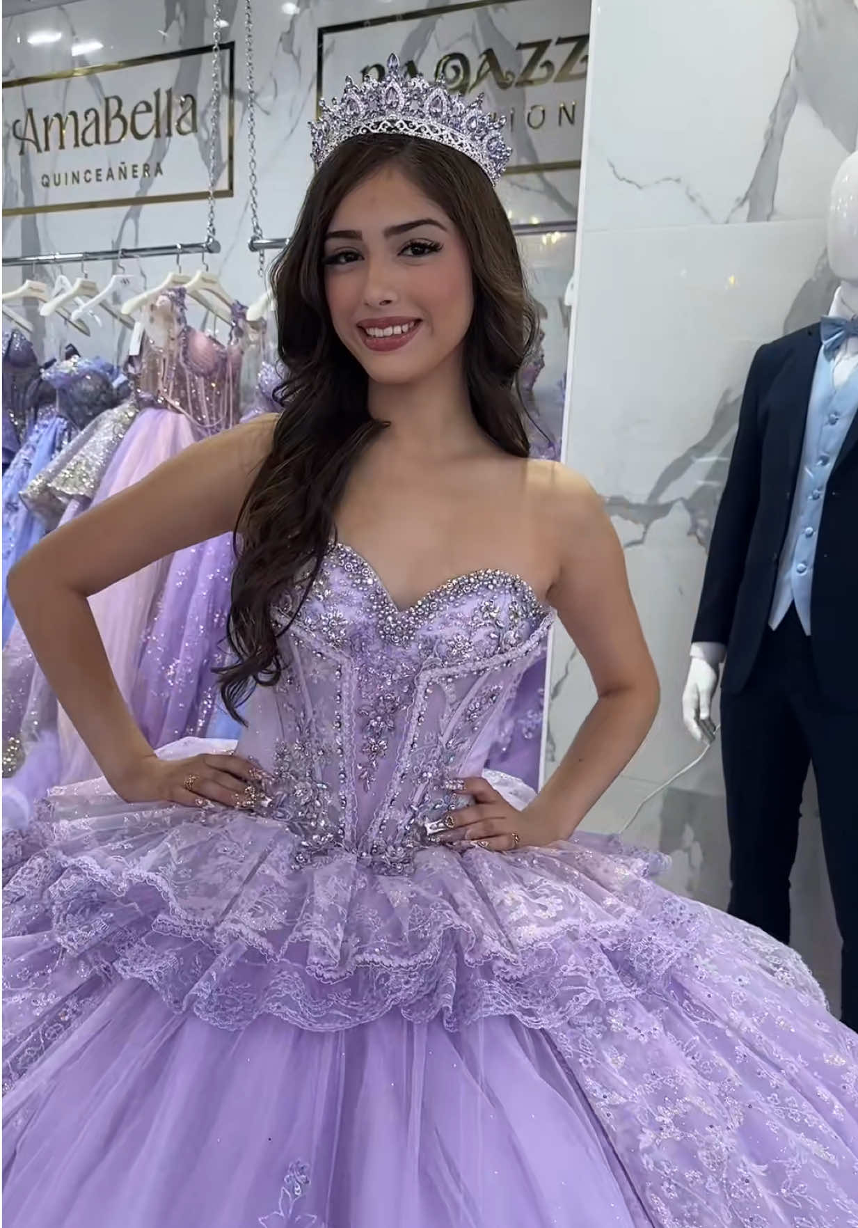 Layers of lilac magic 💜 Tiered tulle, sparkling sequined appliqués, and detachable sleeves and matching necklace for the perfect princess moment. Your quince look, your way 👑 Style #Q1022 #quince #quinceañera #quincedress #quinceaños #xv  Retailer: @Princess Paradise 