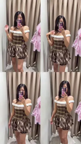 Jumpsuit Nữ Rayyer Họa Tiết Caro Nâu Phối Bèo Trễ Vai #secodee #muidetinh91 #setdoxinh 