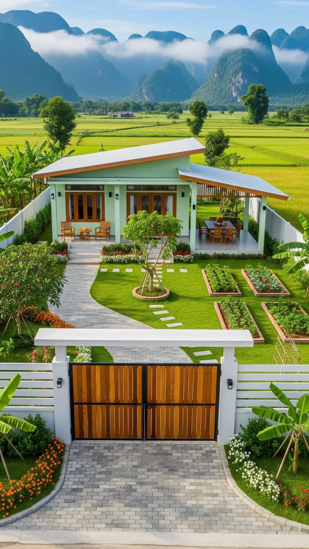 รั้วไม้สีขาวล้อมรอบเพิ่มเสน่ห์อบอุ่น 🍃 ด้านหลังทอดยาวเป็นทุ่งนาสีเขียวสด 🌾 ภูเขาสูงตั้งตระหง่านเป็นฉากหลังที่งดงาม ⛰️ ทุกเช้าเต็มไปด้วยอากาศสดใหม่และแสงแดดอ่อน ☀️ บ้านที่ทำให้ทุกวันใกล้ชิดธรรมชาติมากขึ้น 💚🏡 #ไอเดียบ้านและสวน #บ้านและสวน #บ้านในฝัน #บ้านของฉัน #บ้านสวน #ของมันต้องแชร์