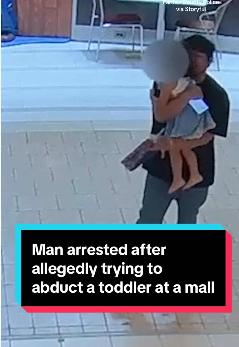 Surveillance video released by police shows a man allegedly attempting to abduct a toddler at Fair Oaks Mall in Fairfax County, Virginia, on July 18. Police say the child wandered from a play area when a man they have named as 26‑year‑old Andres Caceres Jaldin picked her up. The girl’s mother spotted him with her daughter and both parents confronted the suspect, retrieving their child unharmed. Jaldin fled but was arrested later that day and charged with abduction of a minor and grand larceny – auto theft after police noticed he had been driving a stolen vehicle. #news #crime #virginia #va #kids #children #mall 