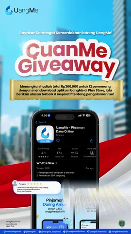 Rayakan Semangat Kemerdekaan bareng UangMe! 🎉 Ikutan CuanMe Giveaway dan menangkan hadiah total Rp300.000 untuk 12 pemenang! 📌 Cara Ikutan: Download aplikasi UangMe di Play Store. Berikan ulasan terbaik dan inspiratif tentang pengalamanmu di Play Store. (Cantumkan nama asli atau akun Instagram di ulasan, ya!) Screenshot ulasanmu dan kirim ke DM Instagram @‌uangme. Jangan lupa komen “DONE” di postingan ini! 🗓️ Periode: 1–10 Agustus 2025 🎁 Total Hadiah 300.000 untuk 12 pemenang! Tunjukkan semangatmu lewat ulasan positif dan kreatif! #TemanKapanAja #FintechLending #UangMe #CuanMeGiveAway #GiveAway