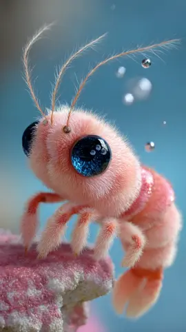 Ein ultra-flauschiger Shrimp, hamsterklein und pastellrosa, sitzt auf einem glänzenden Korallenstück im klaren, sonnendurchfluteten Wasser. Sein ganzer Körper ist mit weichem Flaum bedeckt, seine langen Antennen tanzen sanft in der Strömung. Doch das Besondere: Seine riesigen, überproportional großen Beanie-Boo-Augen in funkelndem Tiefblau sind so groß wie sein ganzer Kopf – glänzend, träumerisch, zum Verlieben. Mit einer kleinen Scherenhand holt er ein Korallenstück in Herzform von der Seite ins Bild und hält es liebevoll. Während kleine Blasen um ihn aufsteigen, schaut er süß lächelnd direkt in die Kamera. #fluffyfriends #cute #cuteanimals #shrimp #underwaterlove