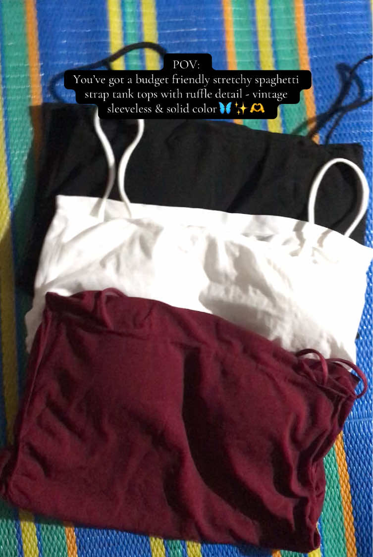 POV: You’ve got a budget friendly stretchy spaghetti strap tank tops with ruffle detail - vintage sleeveless & solid color🦋✨🫶 Tap the link in bio or use code [frt232157] on the Temu app to unlock a ₱2,000 coupon bundle and get extra discounts. (Only for new app users with qualifying orders. T&Cs apply.) 🎁#temu #temufinds #shoptemu 