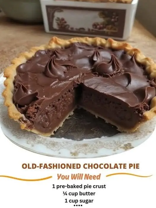 Old-Fashioned Chocolate Pie  Ingredients:  1 pre-baked pie crust ¼ cup butter 1 cup sugar ¼ cup flour ½ cup cocoa powder 2 cups milk 3 egg yolks 1 tsp vanilla extract 3 egg whites ¼ tsp cream of tartar ½ cup sugar