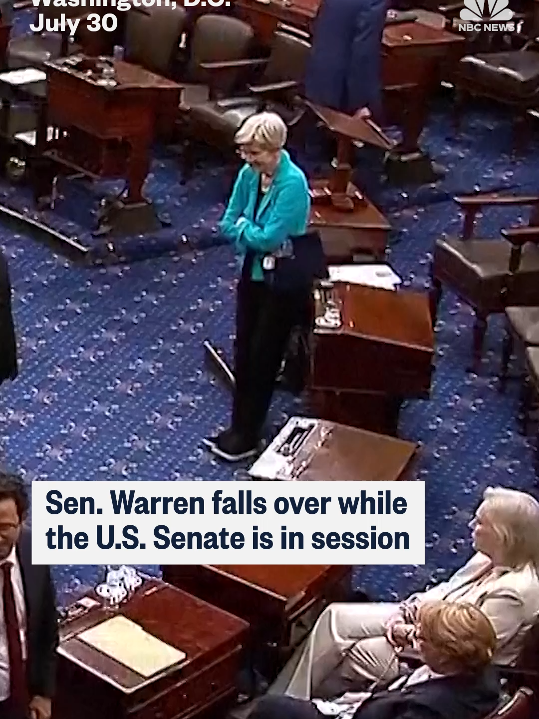 Democratic lawmaker Elizabeth #Warren was seen leaning on a small table in the U.S. #Senate while it was in session, before it toppled over, causing the 76-year-old to lose her balance and fall over. The Senate were voting on resolutions to block military sales to Israel, which Warren voted in favor of, when the incident happened.